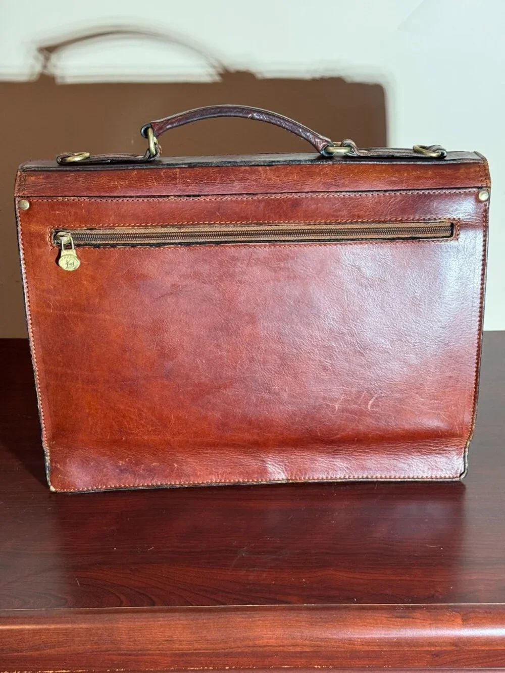 OLD ANGLER Cognac Italian Leather Brown Men's Flap Over Briefcase Made in Italy